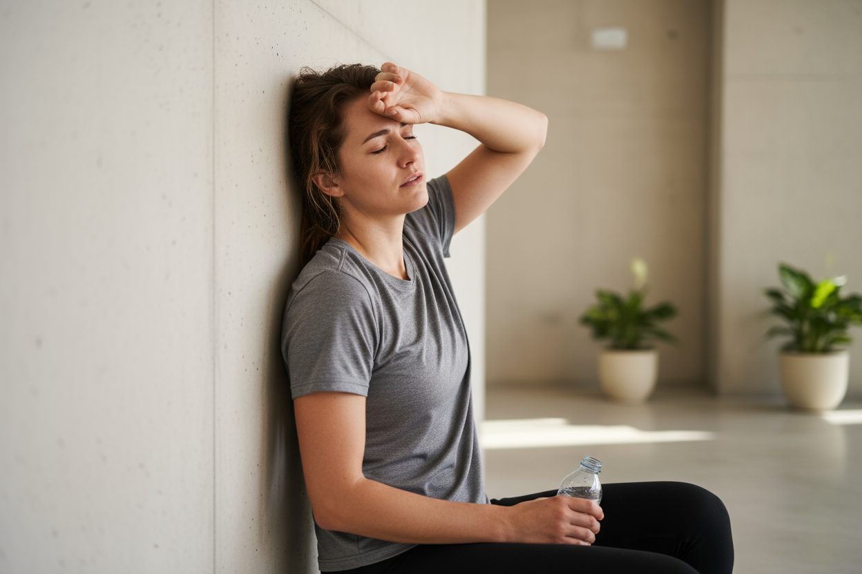 
create a picture of women who is tired and has less endurance, change a background